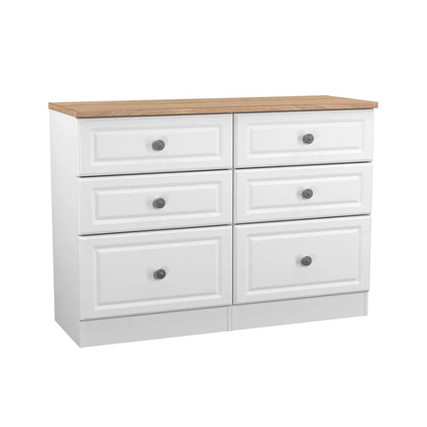 Norfolk White Ash 5 Drawer Chest, Norfolk is a two colour tone Bedroom Furniture which has Bardilon oak top and painted base. Available in choice of 3 colours White, Kashmir and Grey. Fully Assembled. Quick Delivery - Main