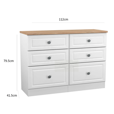 Norfolk White Ash 5 Drawer Chest, Norfolk is a two colour tone Bedroom Furniture which has Bardilon oak top and painted base. Available in choice of 3 colours White, Kashmir and Grey. Fully Assembled. Quick Delivery - Dimensions