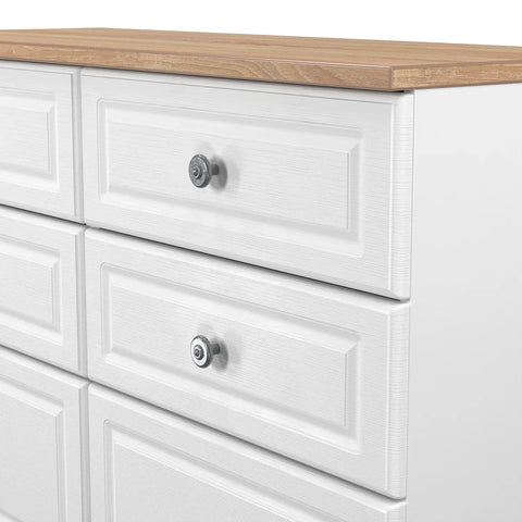 Norfolk White Ash 5 Drawer Chest, Norfolk is a two colour tone Bedroom Furniture which has Bardilon oak top and painted base. Available in choice of 3 colours White, Kashmir and Grey. Fully Assembled. Quick Delivery - Drawer Close up