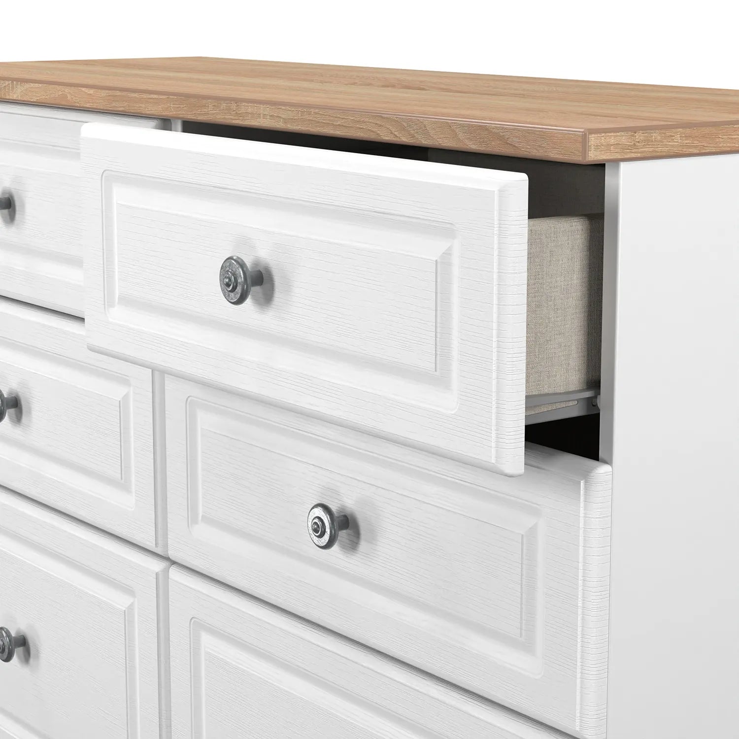 Norfolk White Ash 5 Drawer Chest, Norfolk is a two colour tone Bedroom Furniture which has Bardilon oak top and painted base. Available in choice of 3 colours White, Kashmir and Grey. Fully Assembled. Quick Delivery - Open Drawer