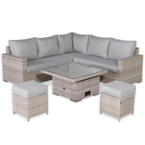 Modern square L-shape garden sofa set for dining and relaxation.