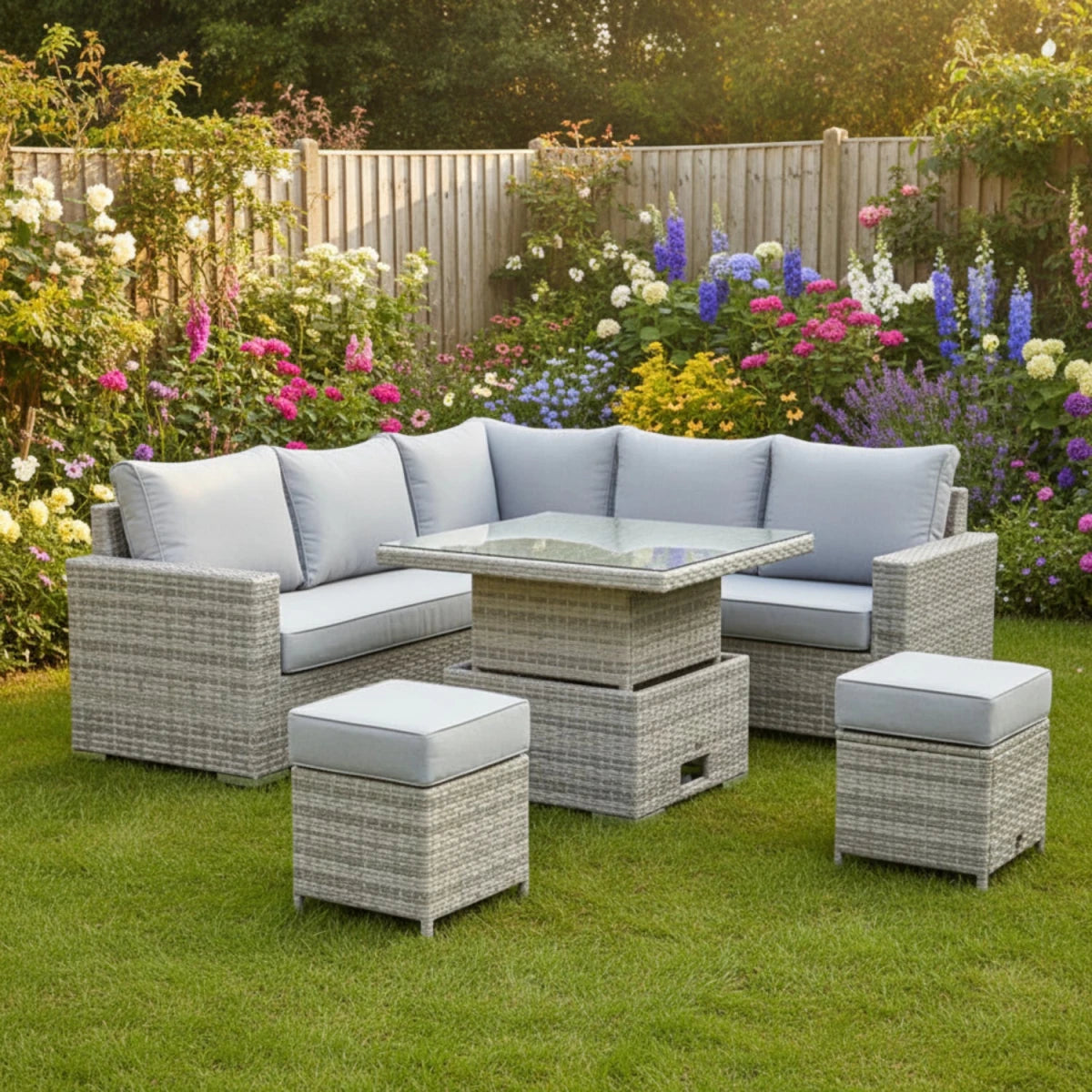 Stylish rattan-style outdoor seating set for patio and terrace.