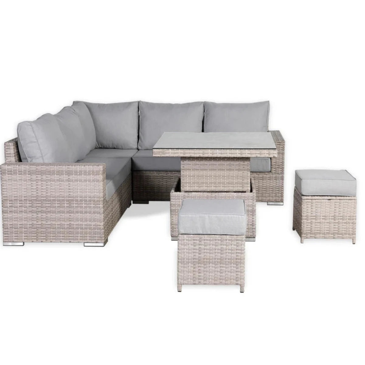 Contemporary square corner garden set with sociable layout.