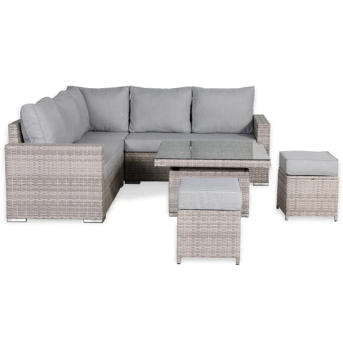 Square corner dining set with rising table and cushioned seating.