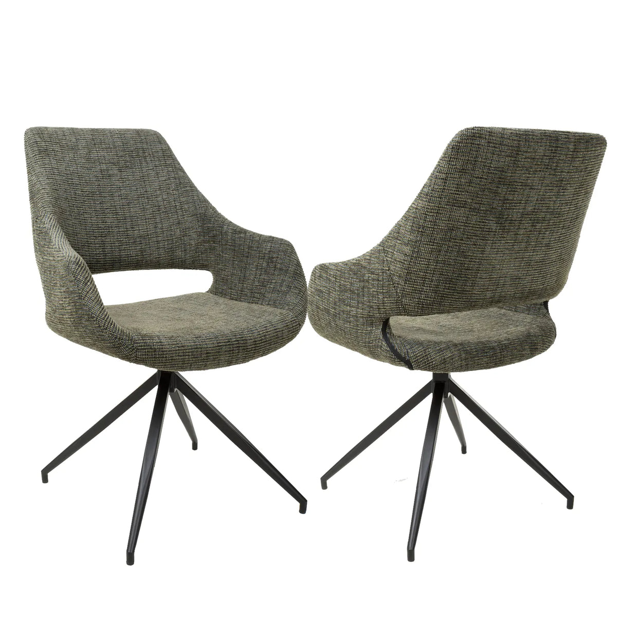 Two Nova Green Tweed Fabric Swivel Dining Chairs