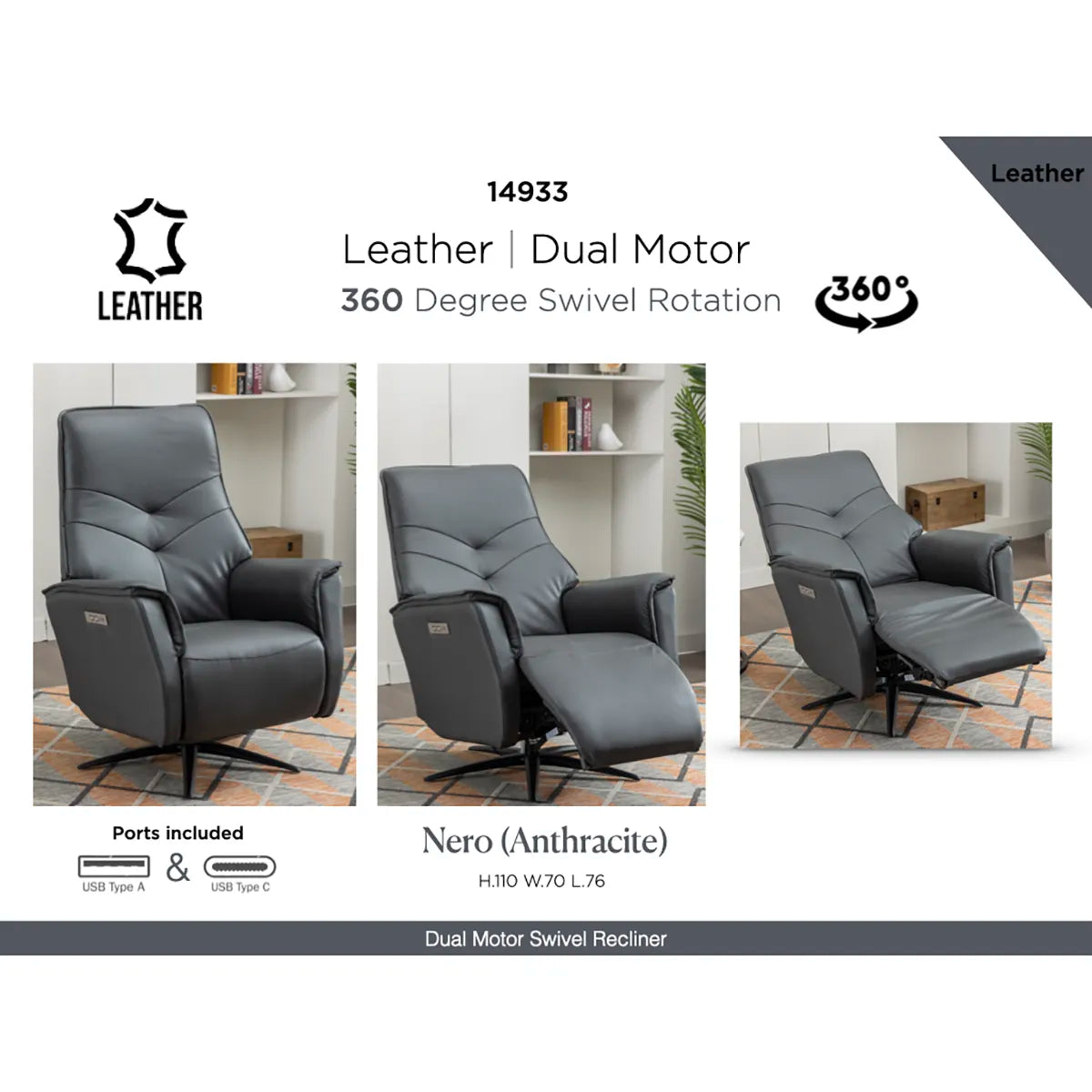 Novara Full Grey Leather Swivel Recliner Chair