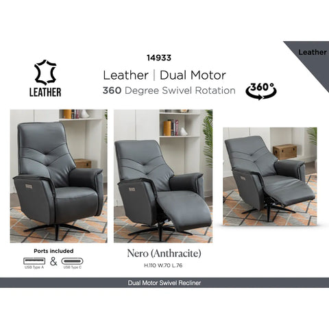 Novara Full Grey Leather Swivel Recliner Chair