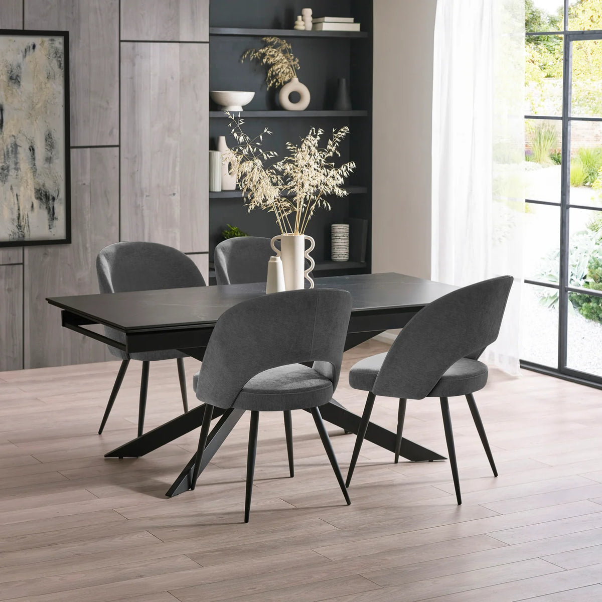 Hackney Black Ceramic Extending Dining Table with 4 Elara Grey Chairs - Pendle Village Furniture