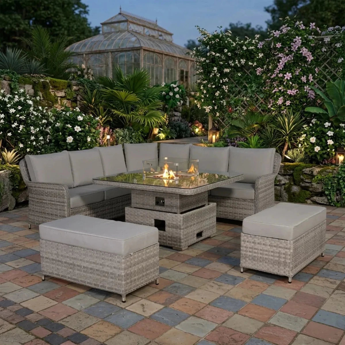Contemporary garden corner seating set with matching bench.
