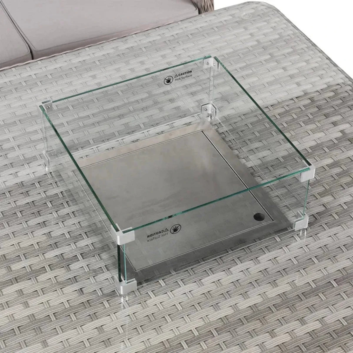 Built-in firepit section with protective surround and modern finish.