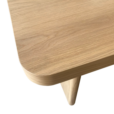 Olav Light Oak Extending Dining Set. Curved style Dining Table with Beige Upholstered Chairs. Matching furniture available - Close Up of Curved Corner Table Edge 