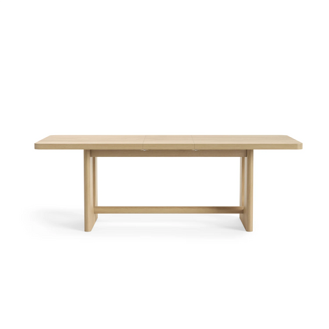 Olav Light Oak Extending Dining Set. Curved style Dining Table with Beige Upholstered Chairs. Matching furniture available - Front View Extended Table