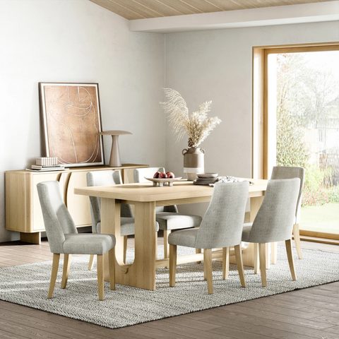 Olav Light Oak Extending Dining Set. Curved style Dining Table with Beige Upholstered Chairs. Matching furniture available 