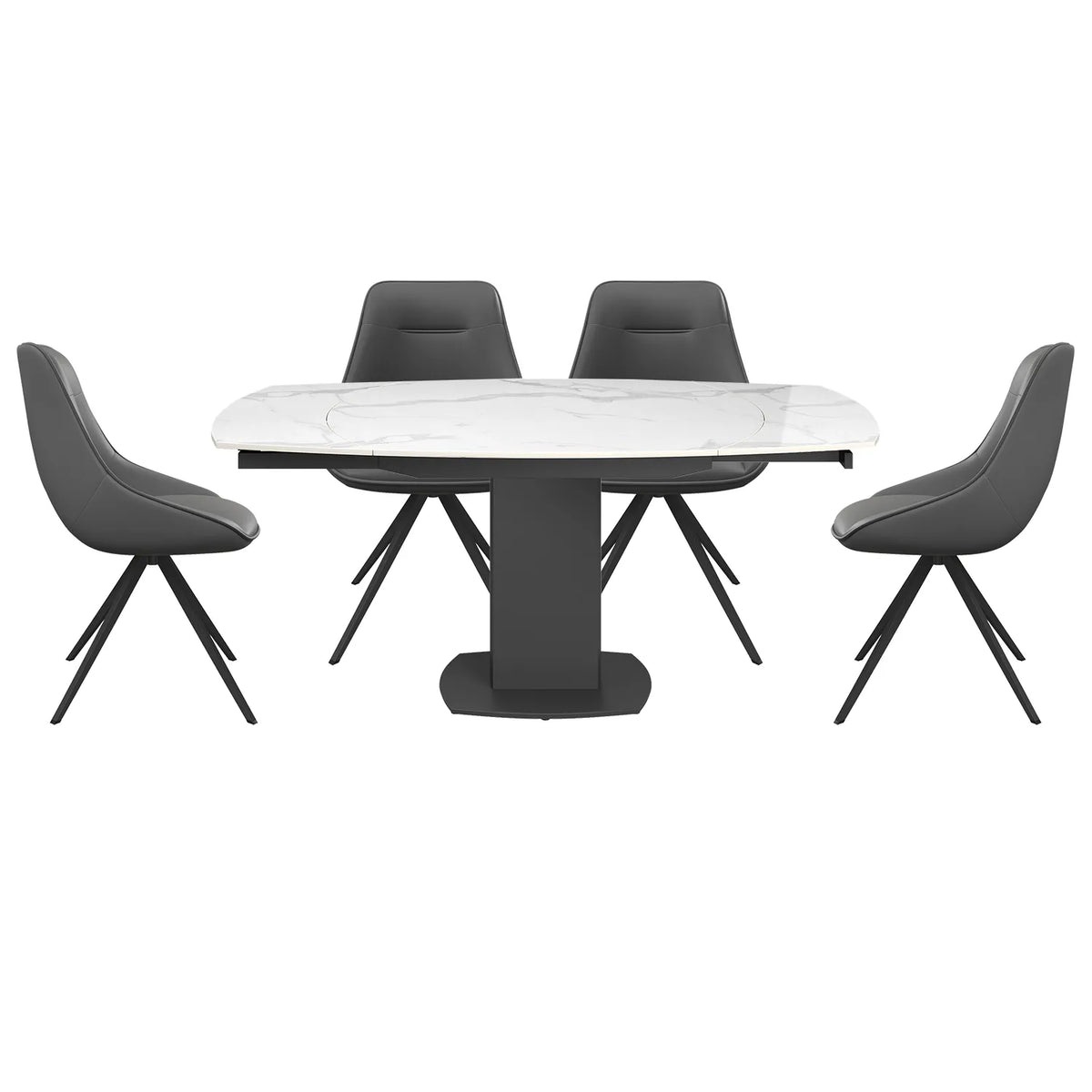 Oliver White Ceramic Swivel Ext Dining Table & Cerutti Swivel Dining Chair Set