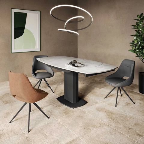 Oliver White Swivel Ext Dining Table & Cerutti Swivel Dining Chair Set