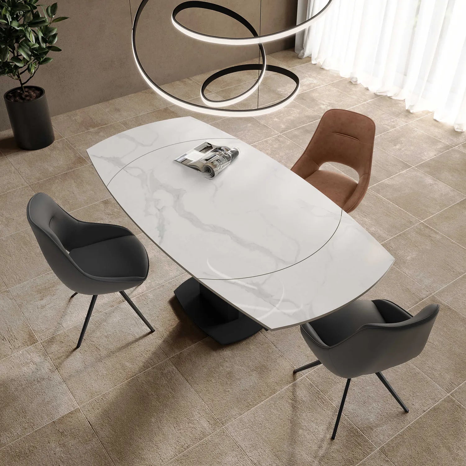 Oliver White Ceramic Swivel Extending Dining Table & Cerutti Swivel Dining Chair Set 