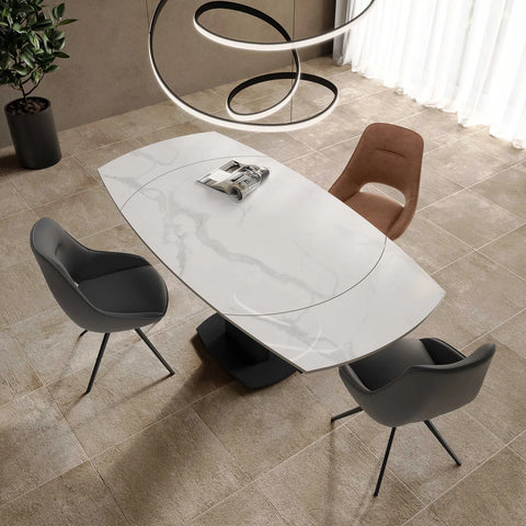 Oliver White Ceramic Swivel Extending Dining Table & Cerutti Swivel Dining Chair Set 