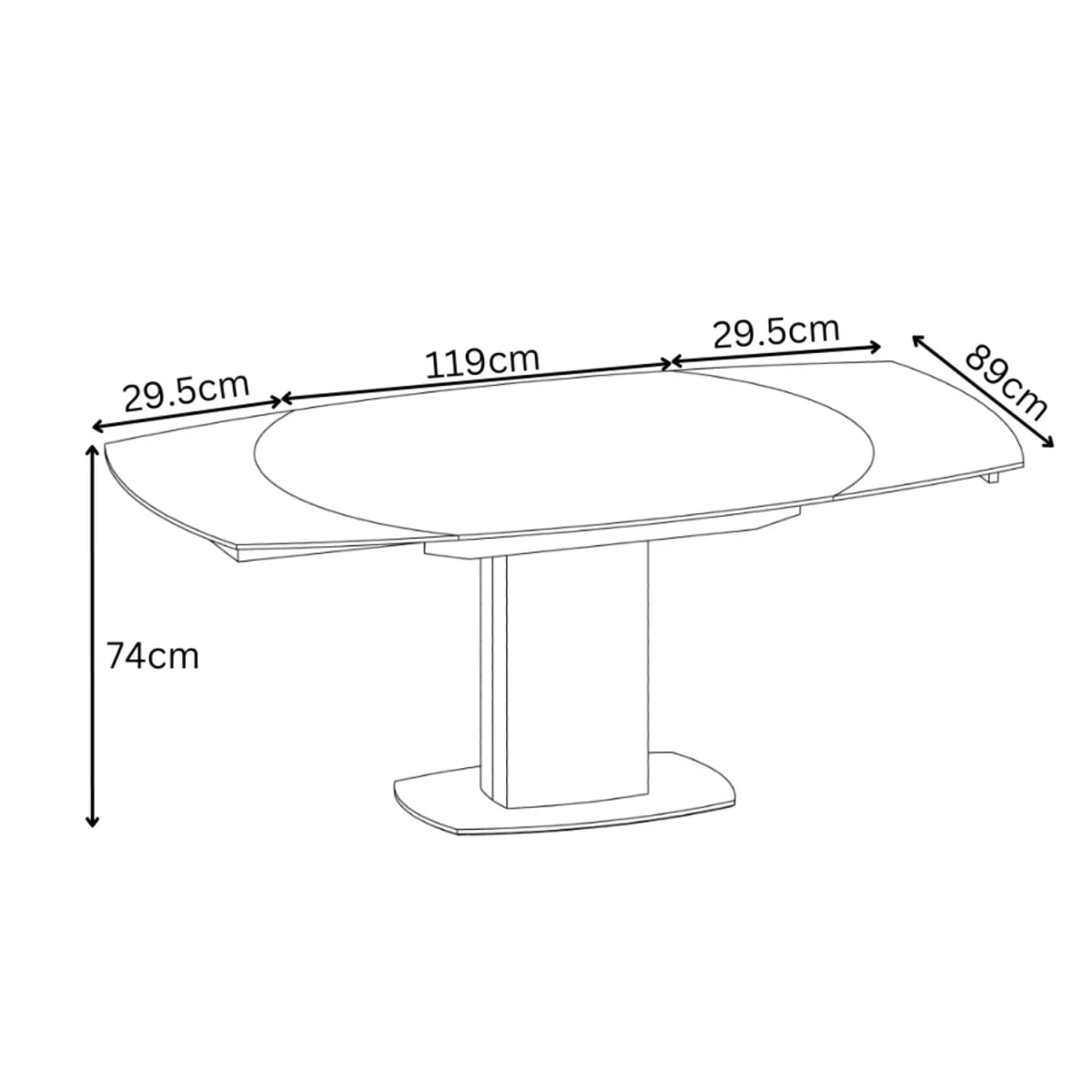 Oliver Swivel Extending Dining Table with Dimensions on White Background