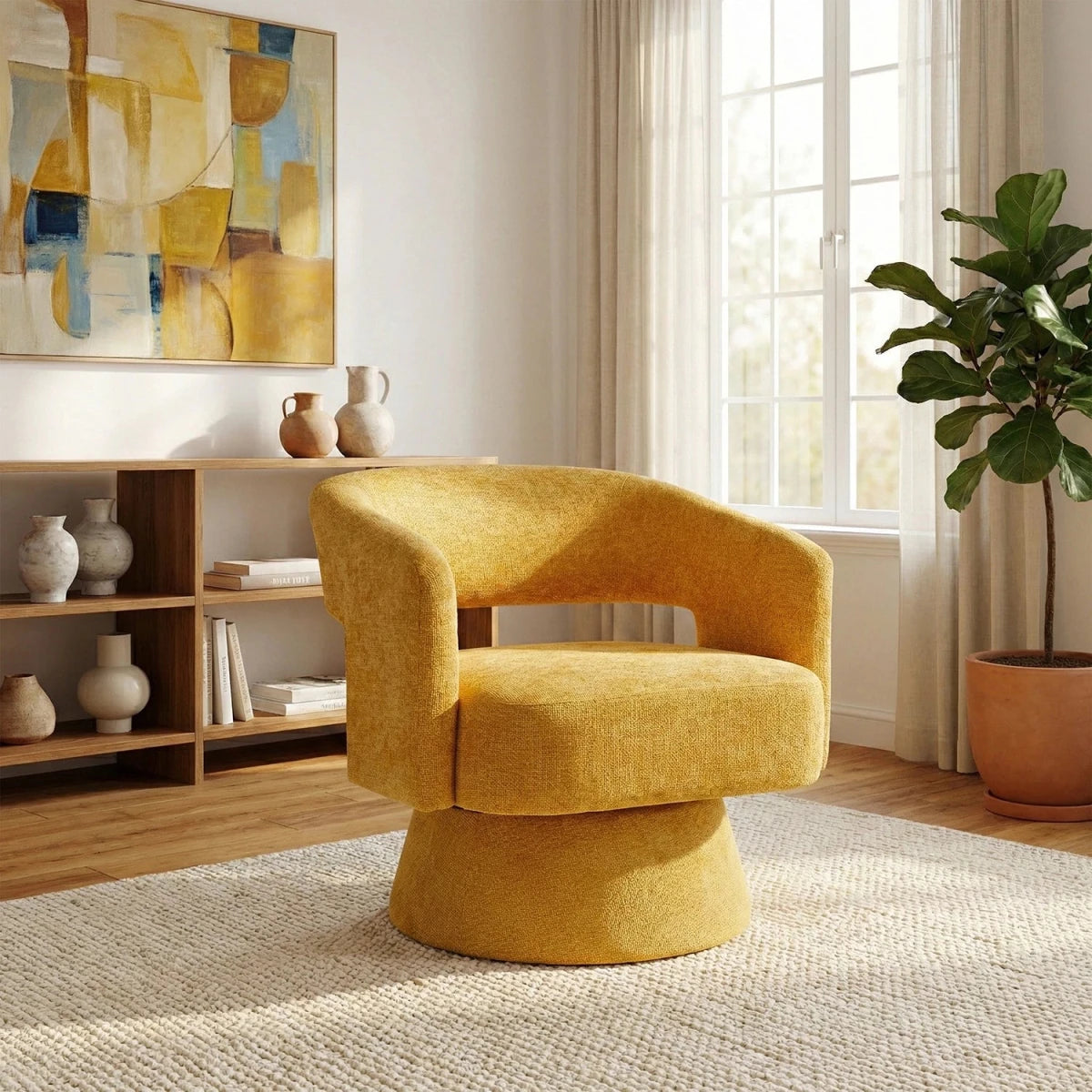 Orla Mustard swivel accent chair with 360-degree rotation, sculptural design and cut-out back. 