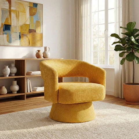 Orla Mustard swivel accent chair with 360-degree rotation, sculptural design and cut-out back. 