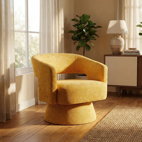 Yellow armchair in a bright room with a plant and lamp