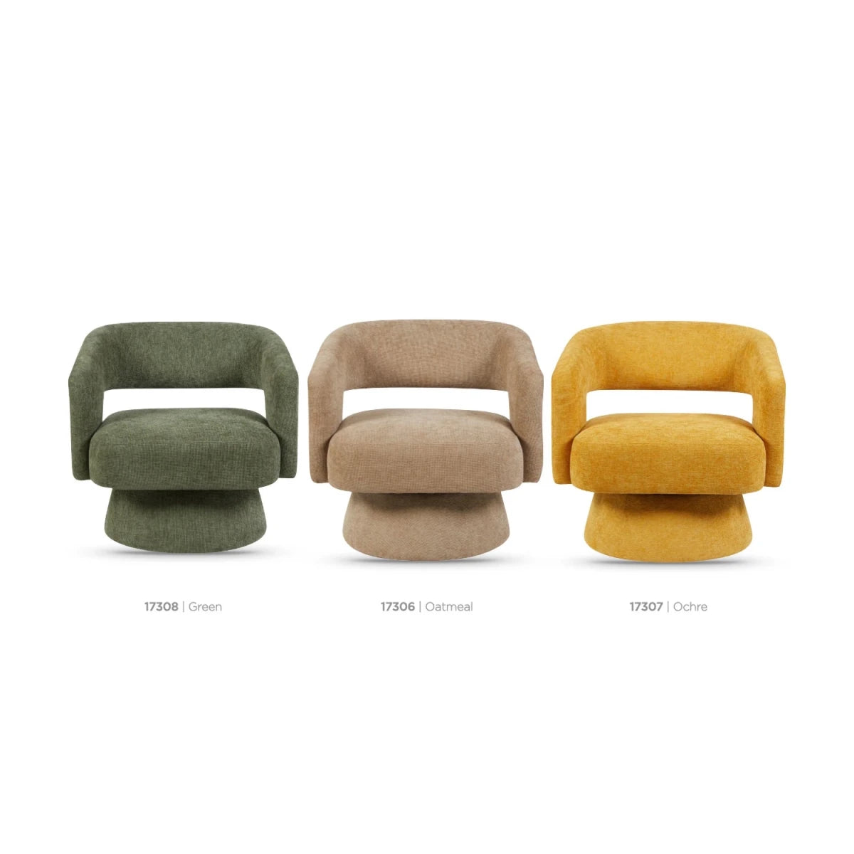 Orla swivel accent chair with 360-degree rotation, sculptural design and cut-out back. Available in Green, Oatmeal and Ochre.