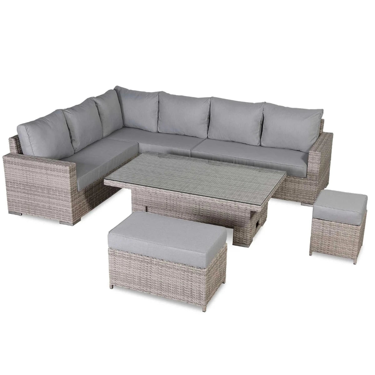 Modern outdoor corner sofa set for garden dining and relaxation.