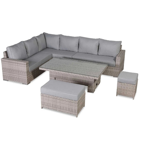 Modern outdoor corner sofa set for garden dining and relaxation.