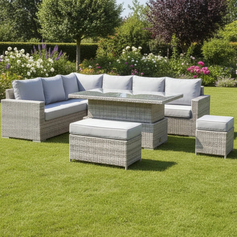 Outdoor L-shaped sofa with durable woven rattan finish.