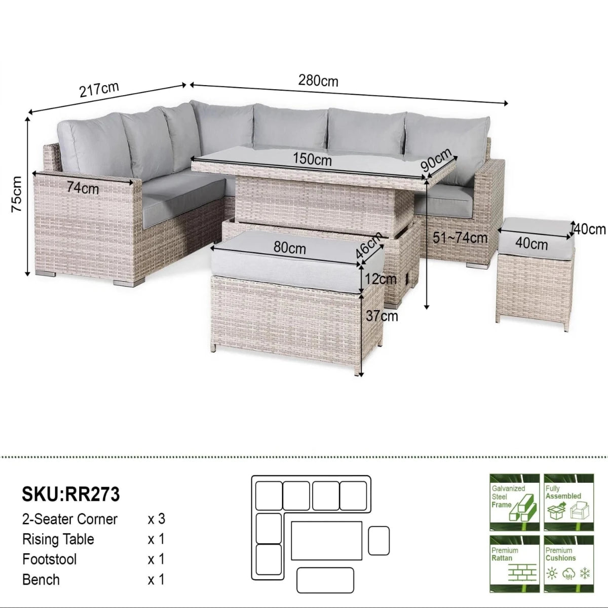 Complete size guide for large corner garden dining set.