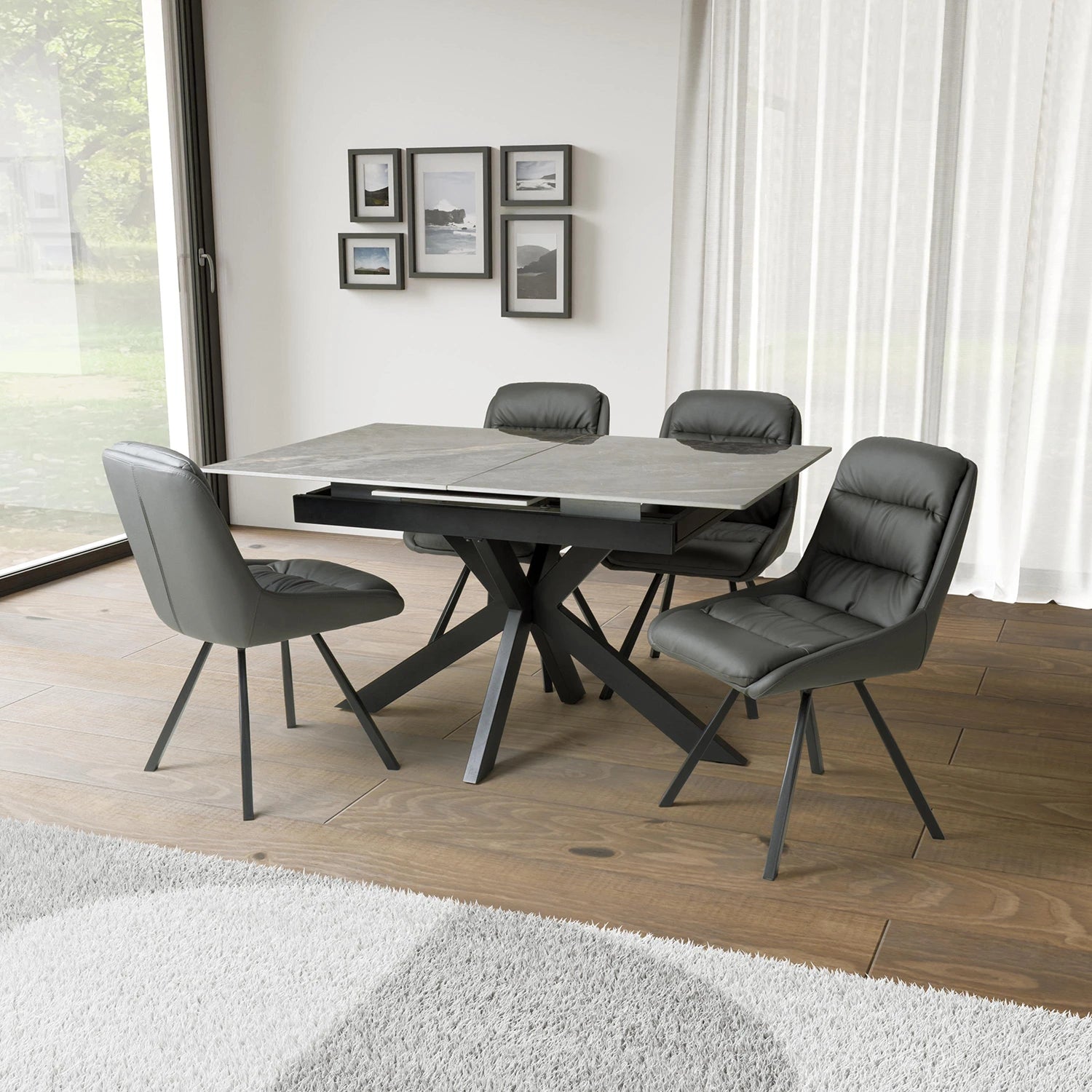 Oslo Grey Ceramic Extending Dining Table with Grey or Midnight Blue Swivel Chairs