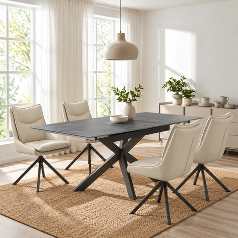 Oslo Grey ceramic extending dining table with Stone Vogue leather effect swivel chairs. Extends from 140–180cm for flexible dining.