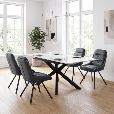 Oslo White Ceramic Extending Dining Table with Grey or Midnight Blue Swivel Chairs