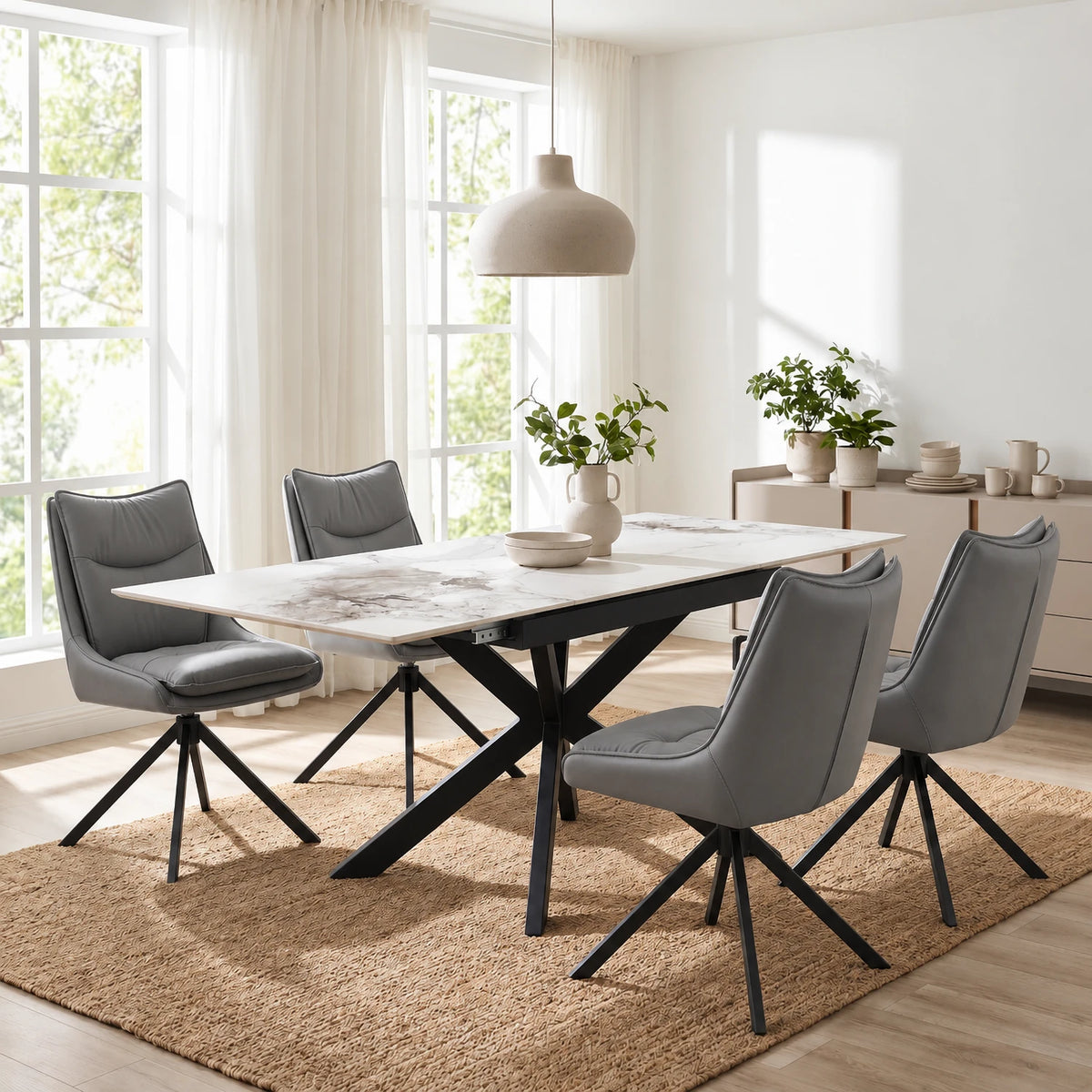Oslo White Ceramic Extending Dining Table with Vogue Swivel Chairs