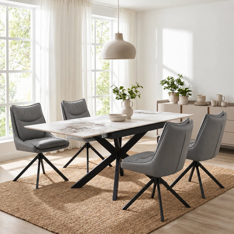 Oslo White Ceramic Extending Dining Table with Vogue Swivel Chairs