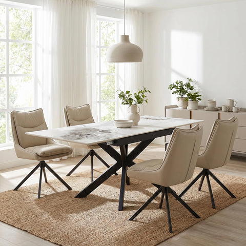 Oslo White Ceramic Extending Dining Table with Vogue Swivel Chairs