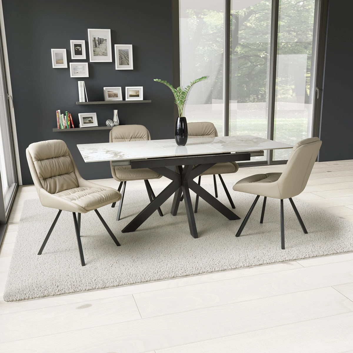 Oslo White Ceramic Extending Dining Table with Cream or Mink Swivel Chairs