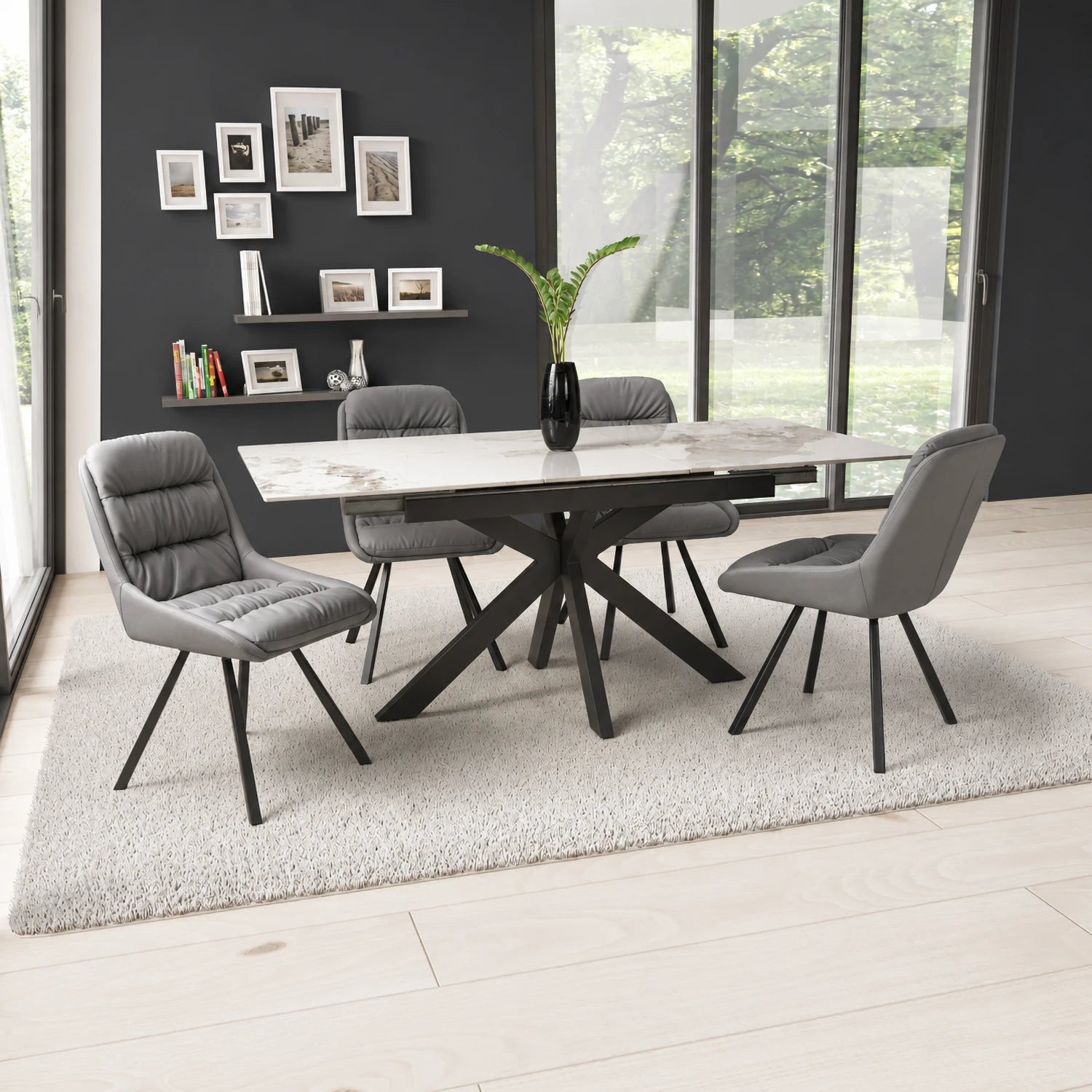 Shop the Oslo white ceramic extending dining table with Grey or Midnight Blue Burnham bonded leather swivel chairs. Extends from 140–180cm.