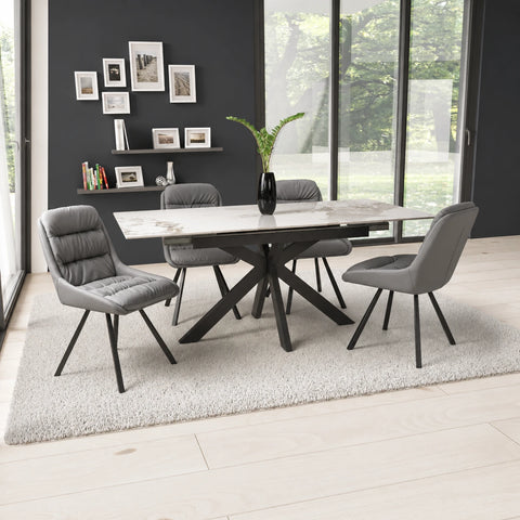 Shop the Oslo white ceramic extending dining table with Grey or Midnight Blue Burnham bonded leather swivel chairs. Extends from 140–180cm.