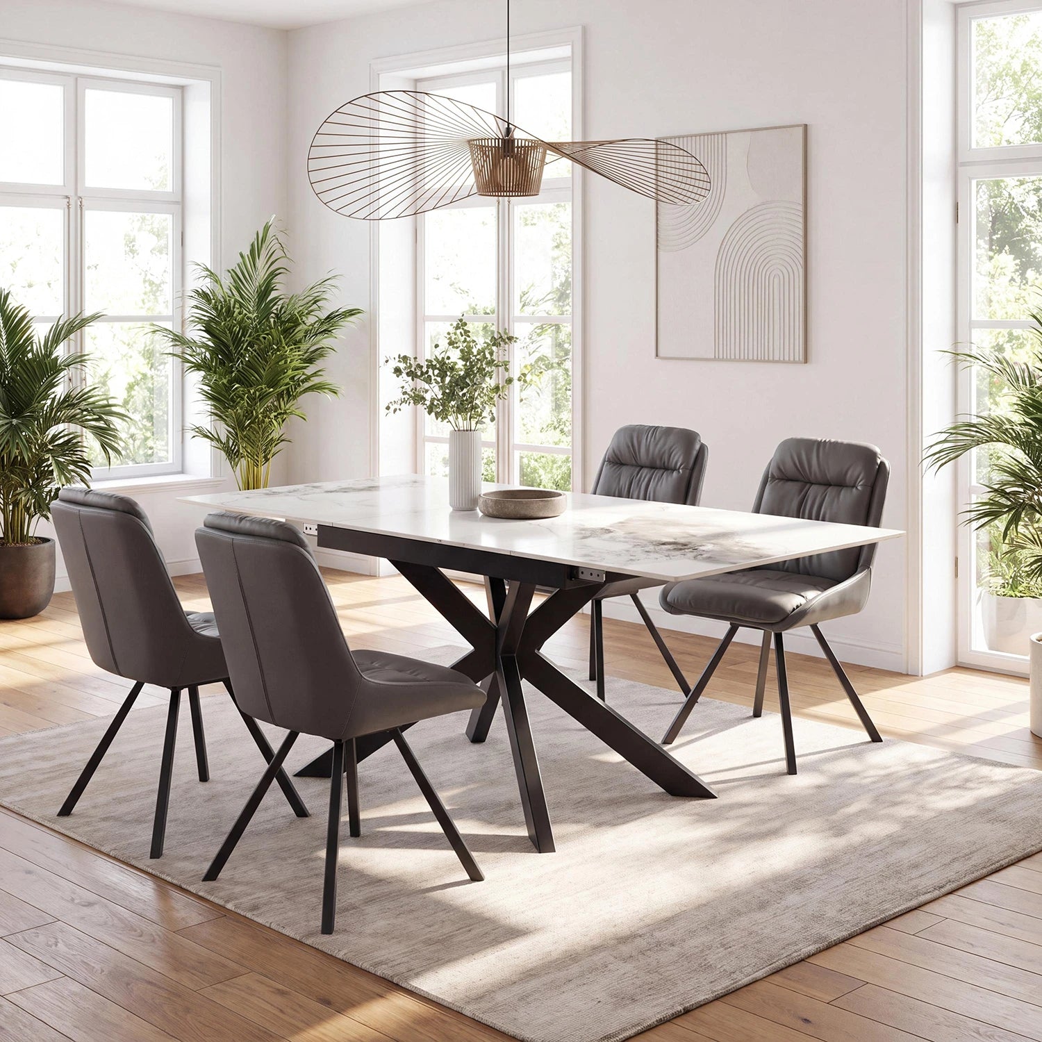 Oslo White Ceramic Extending Dining Table with Grey or Midnight Blue Swivel Chairs