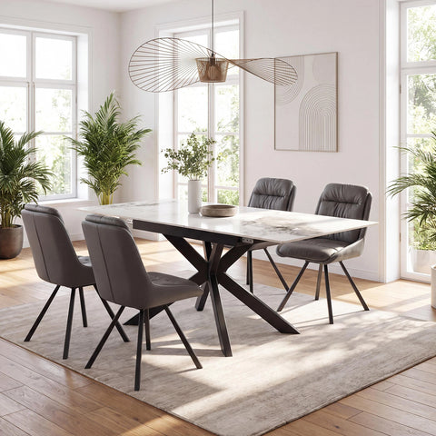 Oslo White Ceramic Extending Dining Table with Grey or Midnight Blue Swivel Chairs