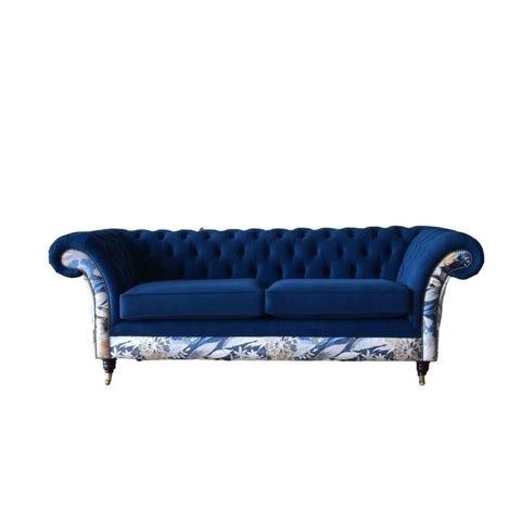 Oswald & Pablo Royal Blue Velvet and Floral Fabric Chesterfield Sofa