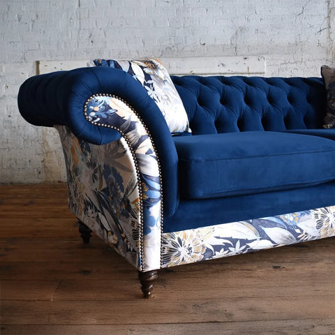 Oswald & Pablo Royal Blue Velvet and Floral Fabric Chesterfield Sofa