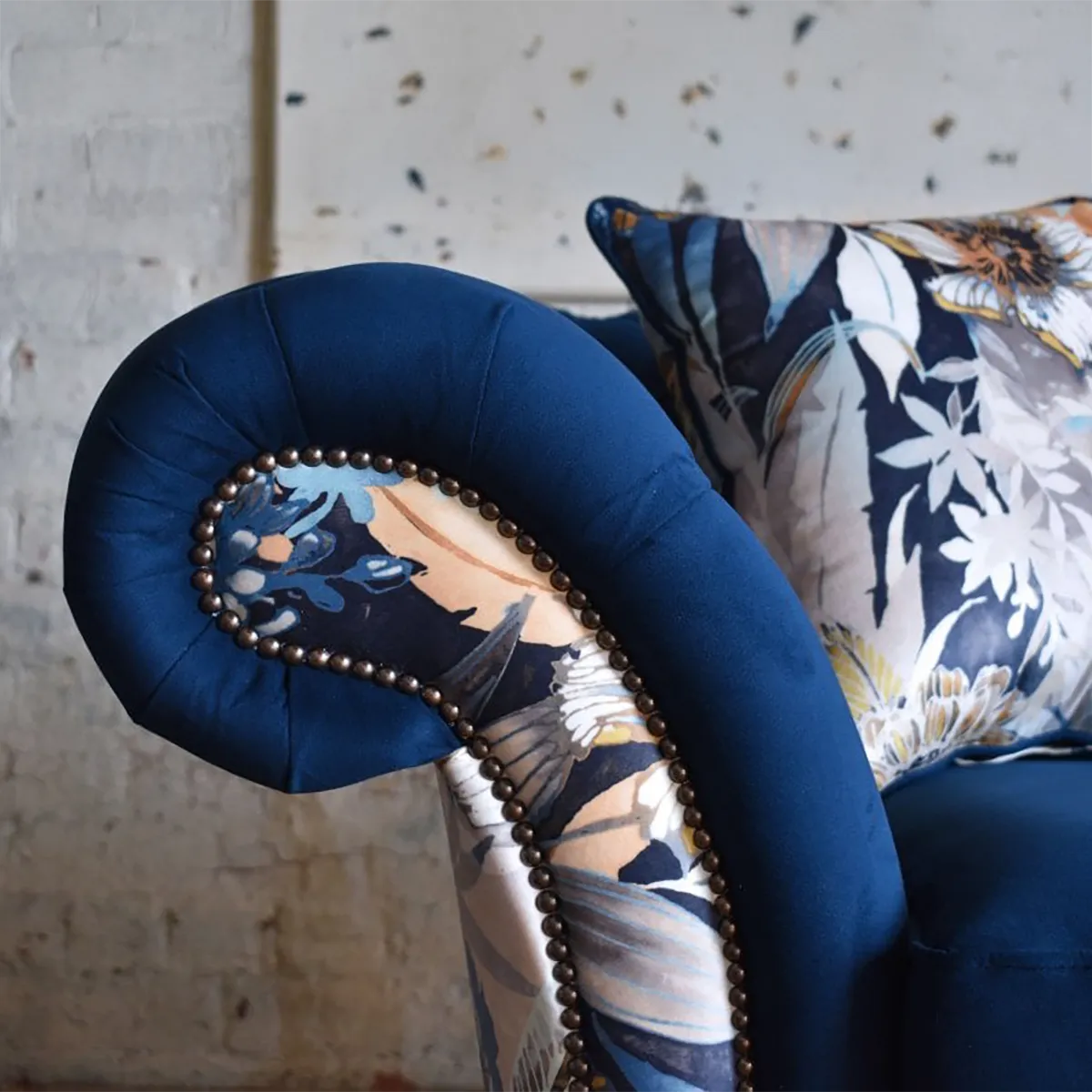 Oswald & Pablo Royal Blue Velvet and Floral Fabric Chesterfield Sofa