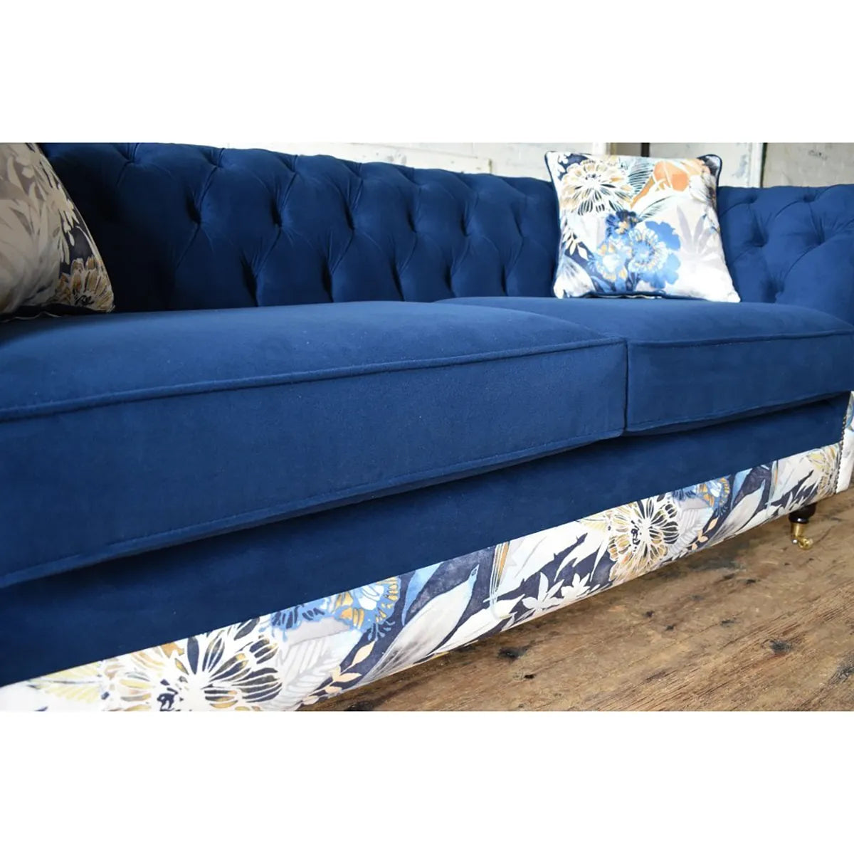 Oswald & Pablo Royal Blue Velvet and Floral Fabric Chesterfield Sofa