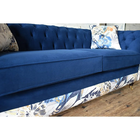 Oswald & Pablo Royal Blue Velvet and Floral Fabric Chesterfield Sofa