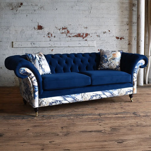 Oswald & Pablo Royal Blue Velvet and Floral Fabric Chesterfield Sofa