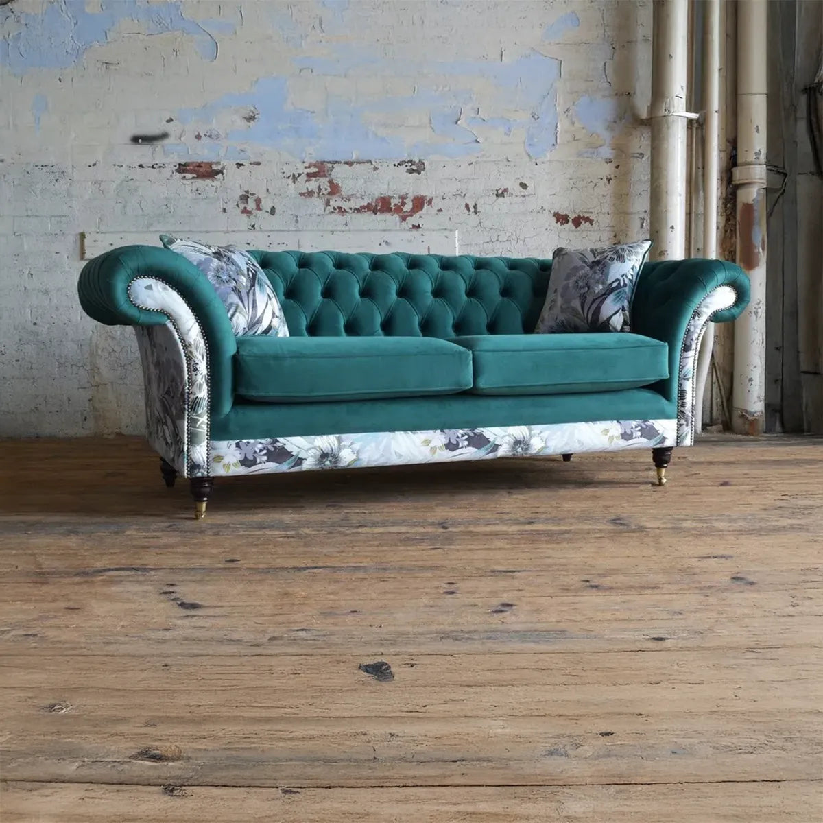Oswald & Pablo Royal Green Velvet & Floral Fabric Chesterfield Sofa