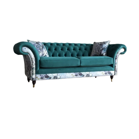 Oswald & Pablo Royal Green Velvet & Floral Fabric Chesterfield Sofa