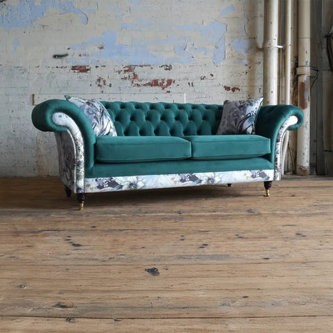 Oswald & Pablo Royal Green Velvet & Floral Fabric Chesterfield Sofa